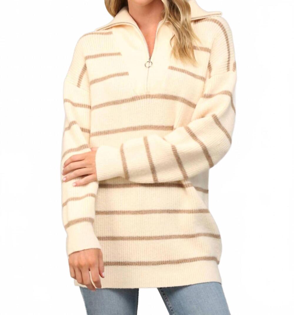 NEW FATE stripe half-zip tunic sweater in bone & mocha